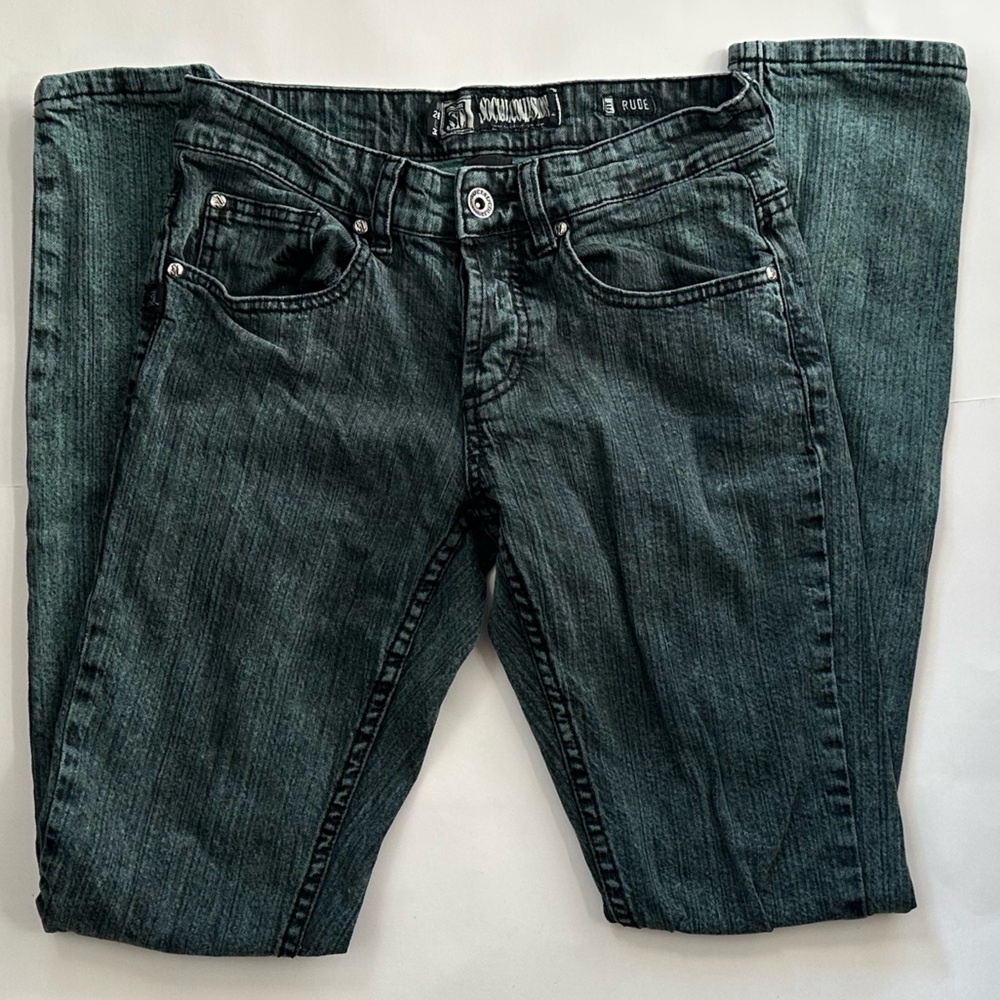 Social Collision RUDE Fit Skinny Jeans with Button Fly, Green Denim